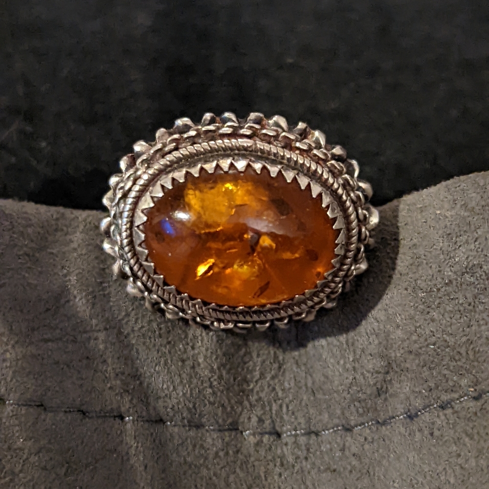 Vintage Honey Baltic Amber Sterling Silver Ring, Size 7